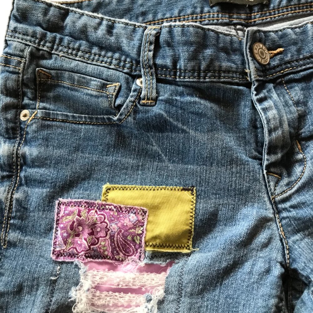 Upcycled Ripped Jean Short Cutoffs, Patchwork Distressed Junior Size 8 - Picture 6 of 11